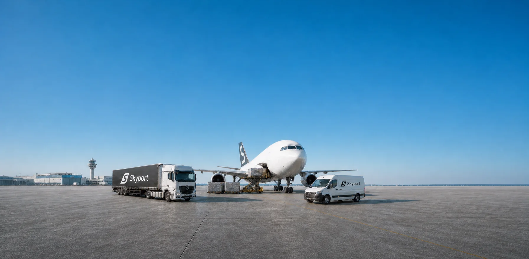 Літак, фура та фургон Skyport на пероні аеропорту